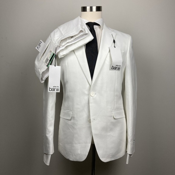 Bar III Mens Slim fit 2-pc Suit Sport Coat 40 R White Solid Linen Pants 34W 34L